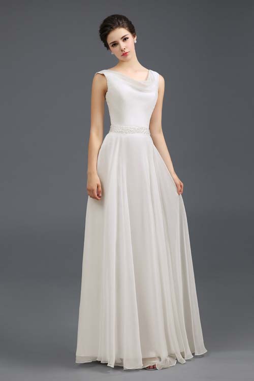 White A-line Floor Length Beaded Sleeveless Long Prom Dress 