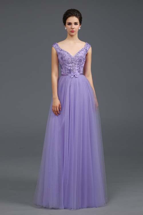 Purple Prom Ball Gown Sleeveless Beaded V-neck Full-length Tulle Dress