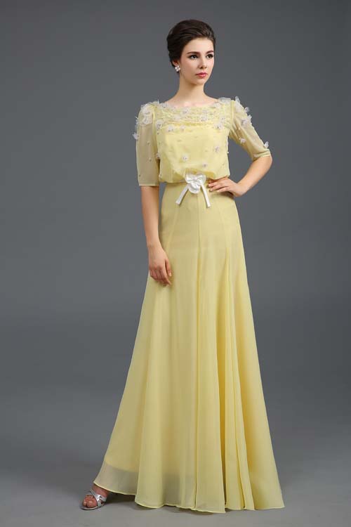 Yellow Half Sleeve Beaded A-Line Floor Length Chiffon Evening Dress