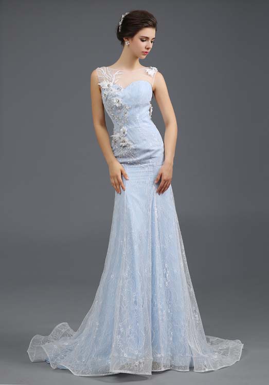 Sleeveless Mermaid Evening Gown Blue Embroidery Tulle Dress