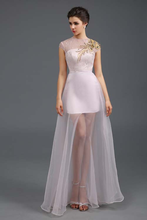 Gorgeous Lace Tulle Sleeveless Prom Dress with Flower Embroidery Beading Rhinestone