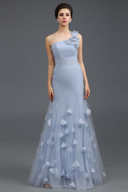 Sky Blue One-Shoulder Backless Prom Dress