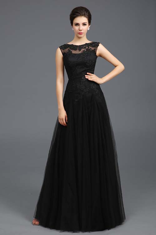 Black Sleeveless A-Line Floor Length Halterneck Tulle Prom Ball Gown