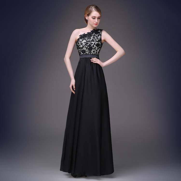 Women's Black One-shoulder Lace Prom Dress