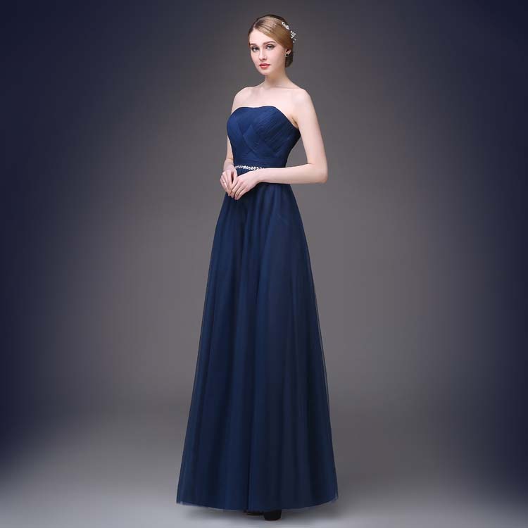 Dark Blue Strapless Halterneck Tulle Prom Evening Dress