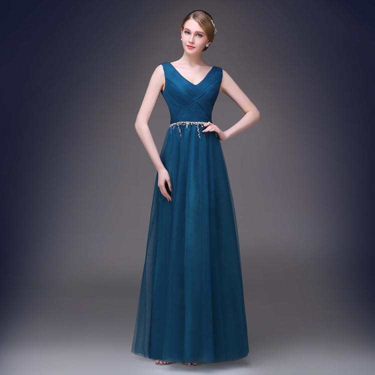 Aegean Blue Prom Dresses V-neck Sleeveless Long Evening Gowns