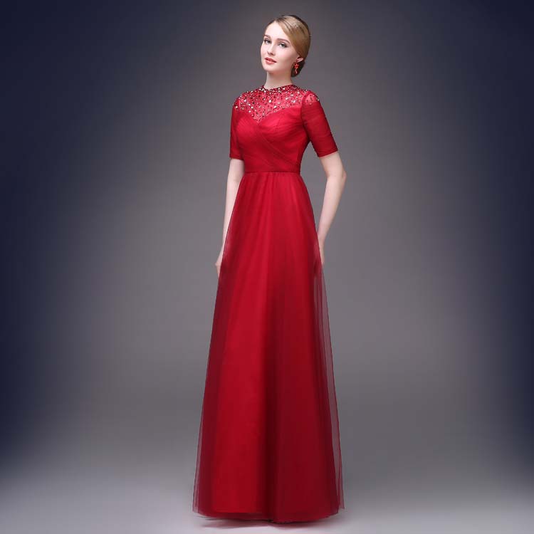 Red Long Prom Dress with Sleeve for Women High Neck Beading Evening Gowns