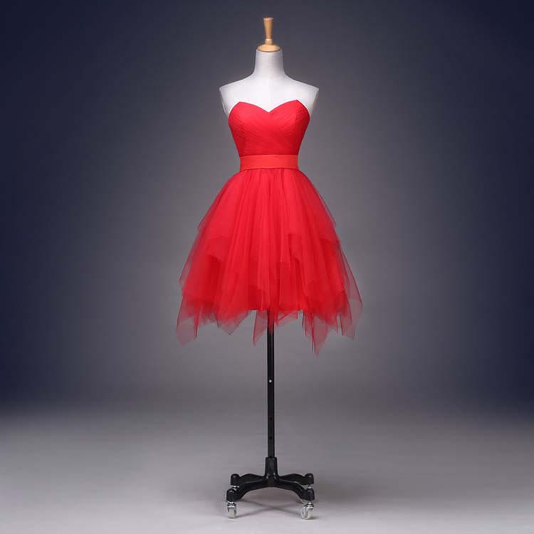 Women's Red Strapless Tulle Short Cocktail Prom Dress