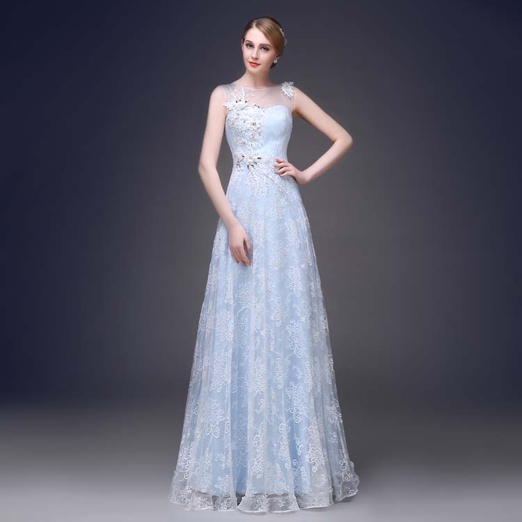 Women's Sky Blue Lace Embroidery Prom Dress